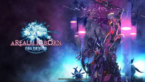 Final Fantasy XIV A Realm Reborn 宣傳藝術作品，包含動漫角色和一條發光的龍。 — 最終幻想XV 壁紙