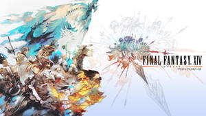 Final Fantasy XIV 線上宣傳藝術作品，包含奇幻戰士與生物。