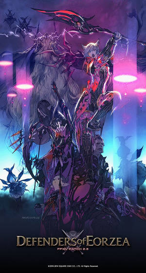來自《最終幻想XIV》的發光黑暗場景中的幻想動漫戰士和怪物。