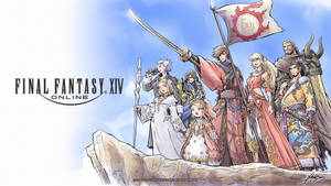 Final Fantasy XIV 線上角色站在懸崖上，手持武器和旗幟。 — 最終幻想 壁紙