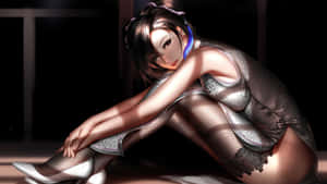 動漫女性穿著金屬裙和魚網絲襪坐在昏暗房間。