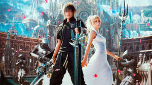 兩位動漫風格的戰士在宏偉的大教堂中，周圍有漂浮的雕像和粉紅色花瓣。