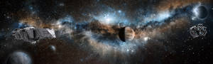 兩艘太空船在色彩繽紛、佈滿星星的星系中與行星一起航行。