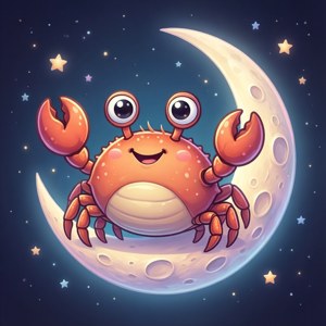 一隻開心嘅橙色蟹，有大眼睛，坐喺星星之間嘅彎月上。