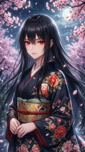 動漫女孩穿著花卉和服，在夜晚的櫻花樹下站著，紅色的眼睛。 — 動漫風格動圖 壁紙