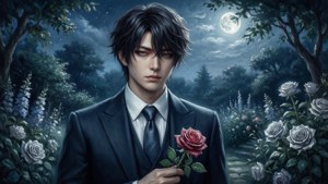 月下花園中的月山習，優雅而悲劇，手持玫瑰。 — 東京喰種角色 壁紙