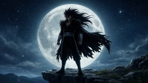 動漫戰士，飄逸的黑髮，夜晚站在懸崖上，滿月之下。 — 古勒比加 壁紙