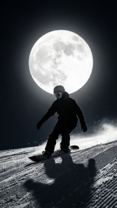 滑雪板運動員在夜間巨大的滿月下在雪中刻劃滑行。 — iPhone 8 Plus 壁紙