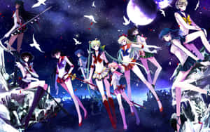 穿著水手服嘅動畫角色喺發光月亮下喺星星同雀仔之間漂浮。