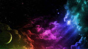 色彩繽紛的宇宙星雲，帶有星星和一個綠色星球。