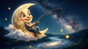 卡通月亮小孩喺夜晚喺發光嘅河上面釣星星。