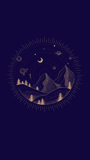 金色線條畫，描繪山脈、松樹和星星，背景為深藍色