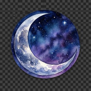 彎月以水彩風格托著星雲