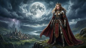 一位身穿紅色披風、威嚴的鎧甲女王，在滿月和暴風雲下俯瞰城堡山谷。 — 星蝶公主 壁紙