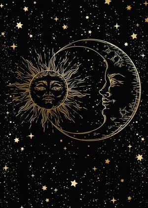 天體太陽和月亮帶有面孔，在繁星點點的夜空背景下，以金色線條藝術呈現。