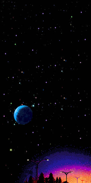像素化夜空，星星和藍色行星，位於色彩繽紛的地平線之上，有街燈和樹木。