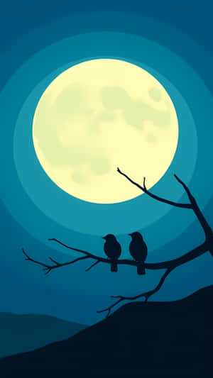 夜晚滿月下，兩隻鳥停在樹枝上 — 藍天 壁紙