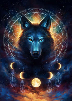 一隻藍色狼在捕夢網中，帶有月亮和羽毛，背景是星空。