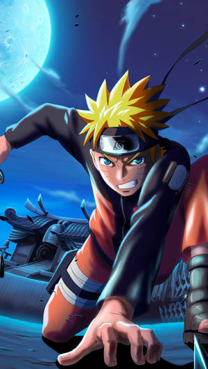 Naruto Uzumaki 在發光月亮下擺出動作姿勢。 — 火影忍者 壁紙