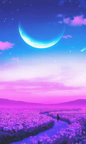 一個人在彎月與星星下穿過發光的紫色花朵。
