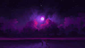 兩人在夜間紫色沙漠中，在發光的月亮下手牽手行走。