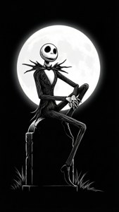 Jack Skellington 在滿月下坐在墓碑上的黑白插圖。