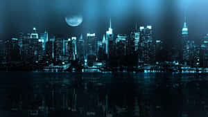 月光下的城市天際線，夜晚摩天大樓倒映在水中。 — Awesome GIF 壁紙