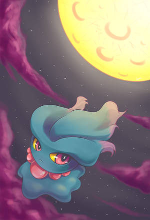 一隻粉紅眼睛的藍色幽靈在微笑的黃色月亮下漂浮在紫色星空。 — 月色夜空 壁紙