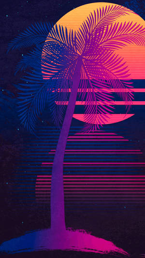棕櫚樹襯托著帶有水平條紋和星星的霓虹日落