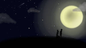 兩個人影在明亮的月亮和繁星夜空下的剪影。