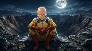 One Punch Man 獨自坐在岩石懸崖上，滿月下俯瞰山地火山口。