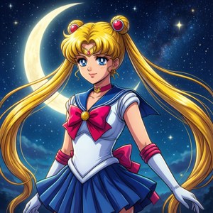 美少女戰士身穿標誌性服裝，在彎月和星空下。