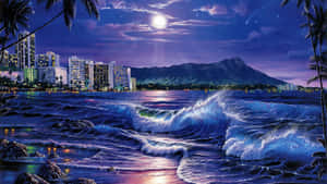月光下的海浪在夜晚靠近城市和山脈處拍打。 — 海灘日落 壁紙
