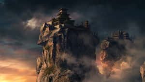霧氣暮色天空中的懸崖寺廟 — 燈塔 壁紙