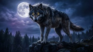 一隻有著發光眼睛的狼，站在黑暗森林中滿月下的岩石上。