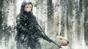動漫女孩在雪地森林中與步槍和白狼一起。