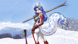 動漫狐女穿著滑雪裝備站在雪山中