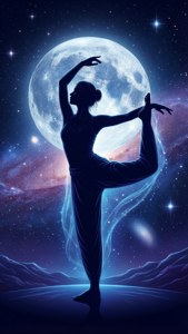 一位剪影舞者在滿月下優雅地擺姿勢，身處星光燦爛的宇宙景觀中。