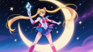 穿著水手服的美少女戰士在新月和星空背景下手持發光水晶。