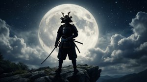 全副武裝的武士戰士站在滿月下的懸崖上。