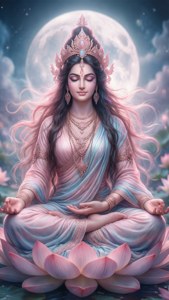 女神在滿月下坐在蓮花上冥想，佩戴華麗的珠寶。