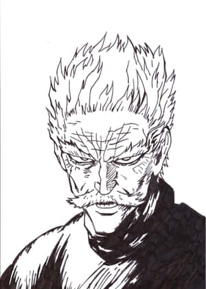 一個表情嚴肅的動漫男子，有尖刺頭髮和鬍子，以黑色墨水線條藝術呈現。 — iPad Air 壁紙