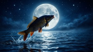 一尾鯉魚在滿月和星星下從水中躍起。