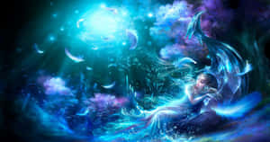 在神奇的水下場景中，一條發光的美人魚被漂浮的羽毛包圍。