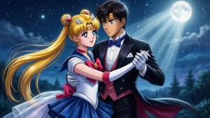 美少女戰士和禮服假面在滿月下、星空夜森林中跳舞。
