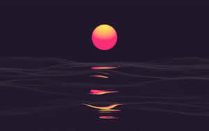 一顆發光的太陽在夜晚反射在黑暗的網格景觀上。