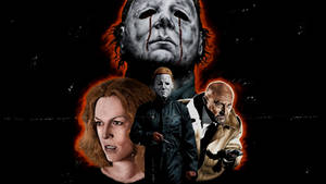 恐怖電影海報，有 Michael Myers、一個女人和一個穿著風衣的男人。 — 恐怖萬聖節 壁紙