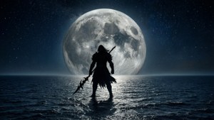 戰士剪影站在海洋中，背景是巨大月亮和星空