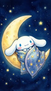 一隻裹著星星毯子的白色兔子在星空下睡在彎月上。