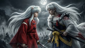 兩位白髮動漫戰士在滿月下的戰場上相對而立。